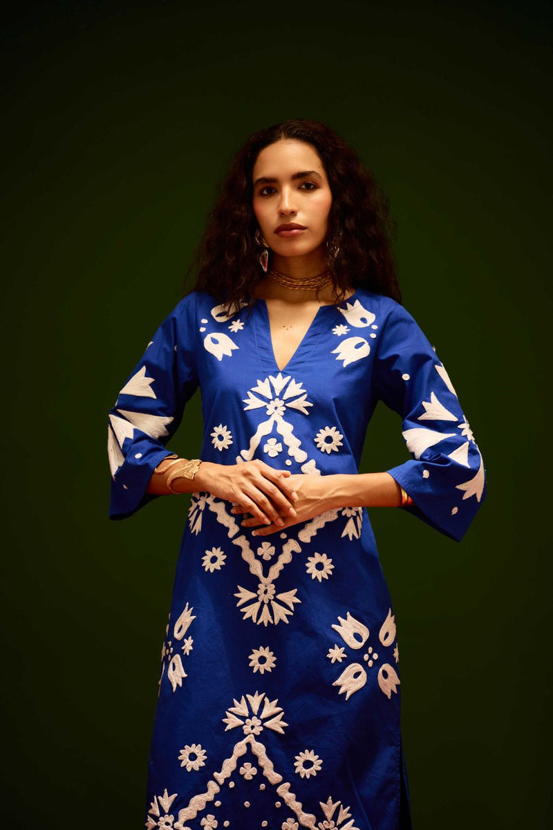 Blue With Ivory Sitara Thread Embroidery Cotton Maxi Dress poplin by Indian Summer Story in blue color for women Worldwide