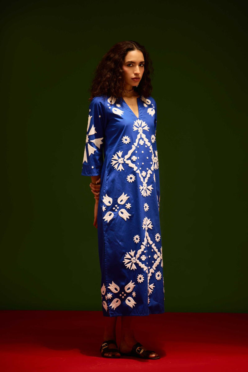 Blue With Ivory Sitara Thread Embroidery Cotton Maxi Dress poplin by Indian Summer Story in blue color for women Worldwide