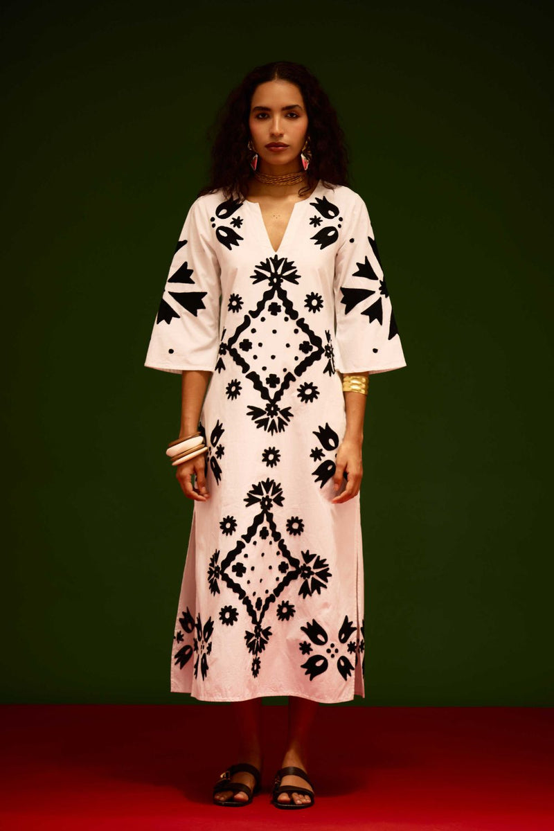 Ivory With Black Sitara Thread Embroidery Cotton Maxi Dress poplin by Indian Summer Story in ivory color for women Worldwide