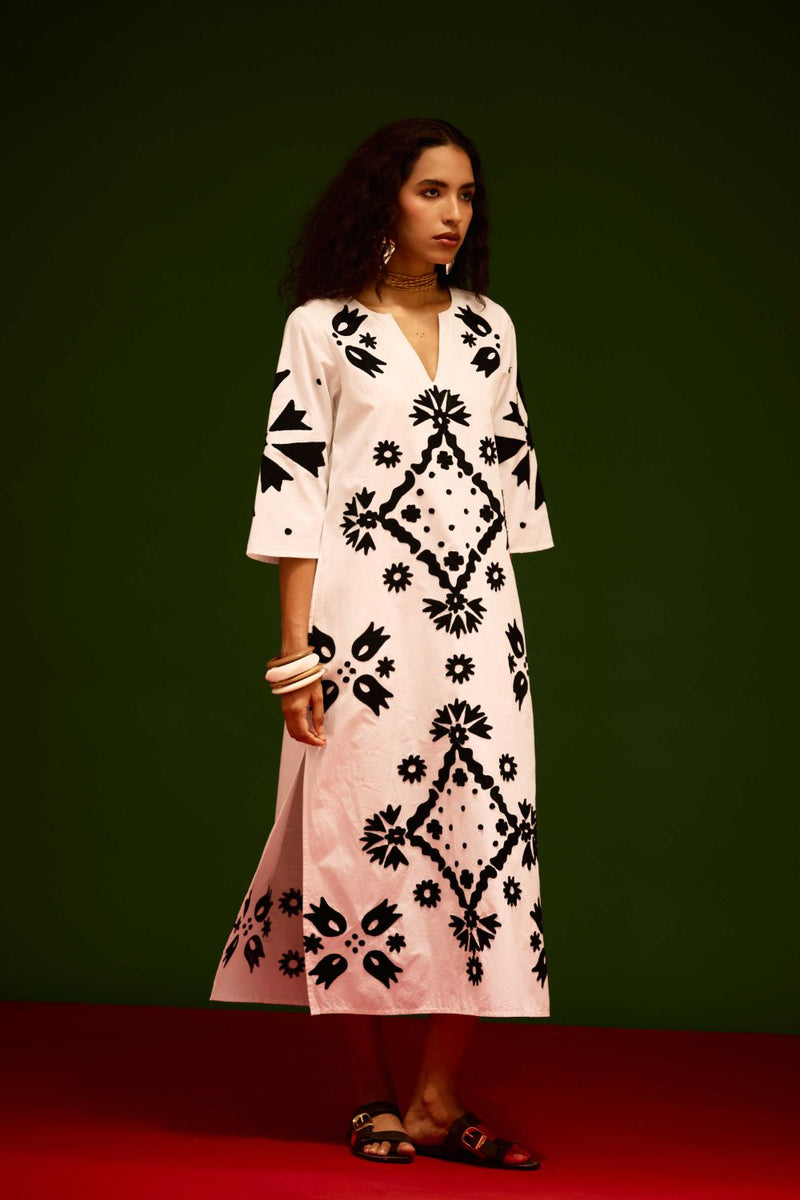 Ivory With Black Sitara Thread Embroidery Cotton Maxi Dress poplin by Indian Summer Story in ivory color for women Worldwide