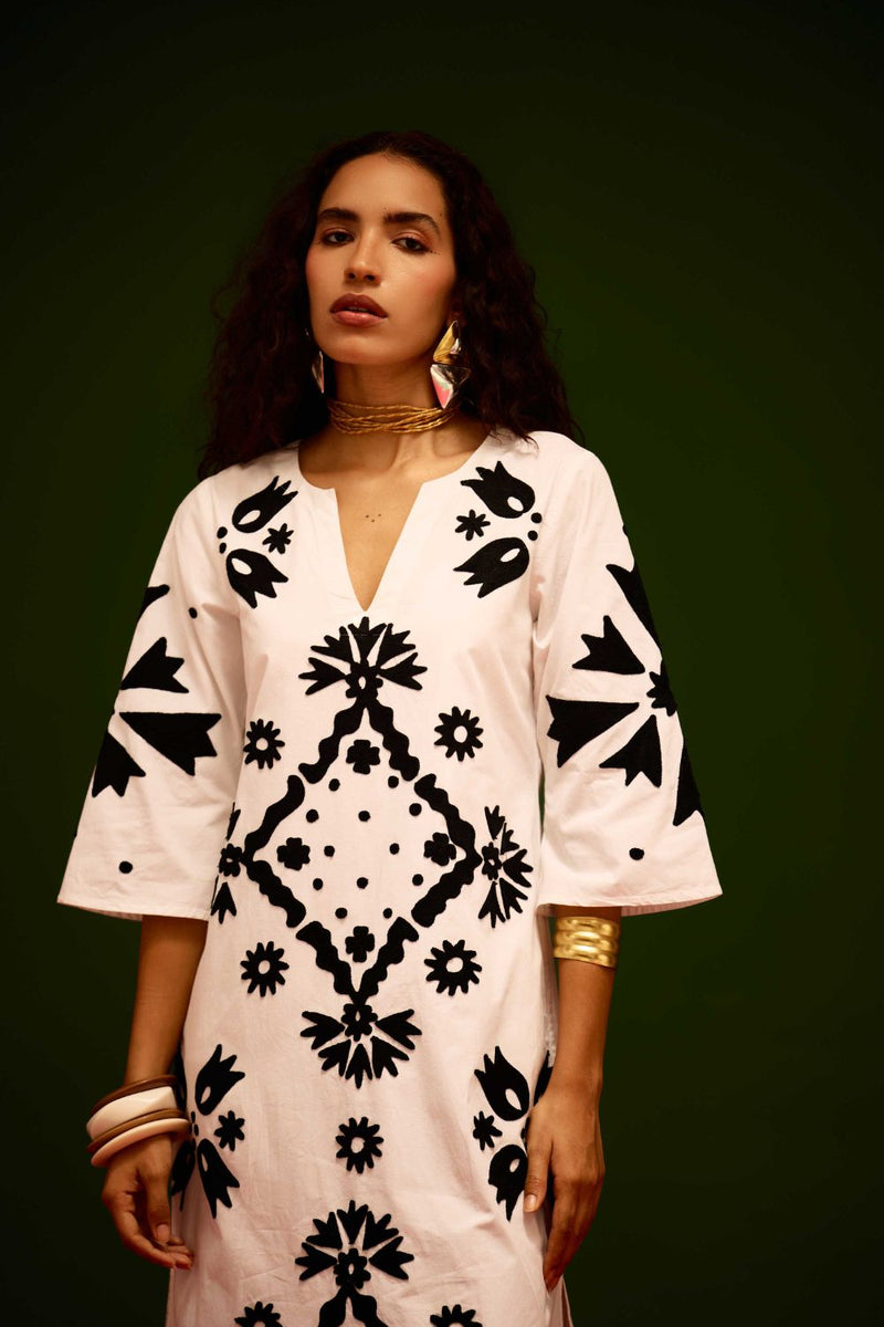 Ivory With Black Sitara Thread Embroidery Cotton Maxi Dress poplin by Indian Summer Story in ivory color for women Worldwide