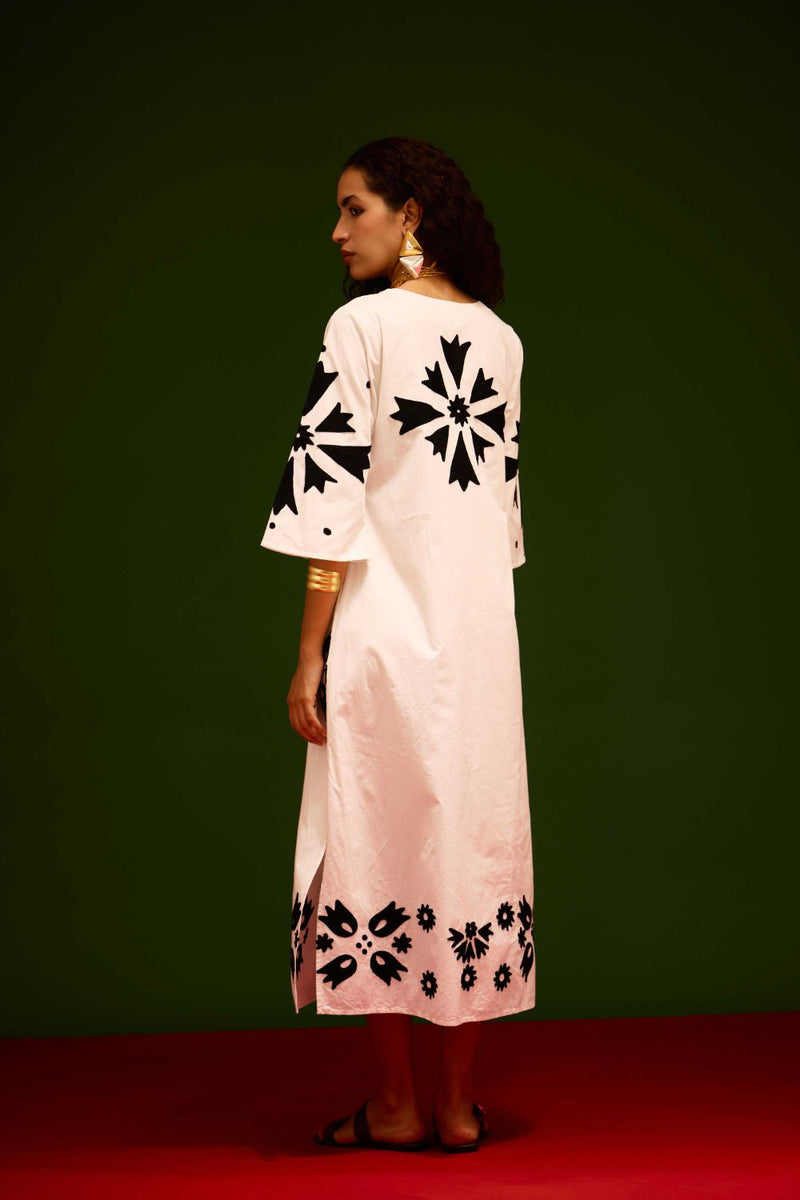 Ivory With Black Sitara Thread Embroidery Cotton Maxi Dress poplin by Indian Summer Story in ivory color for women Worldwide