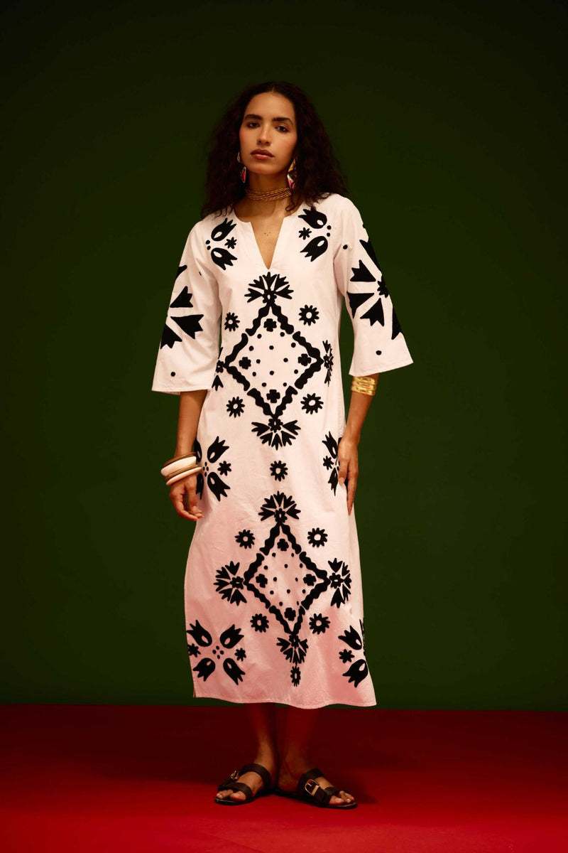 Ivory With Black Sitara Thread Embroidery Cotton Maxi Dress poplin by Indian Summer Story in ivory color for women Worldwide