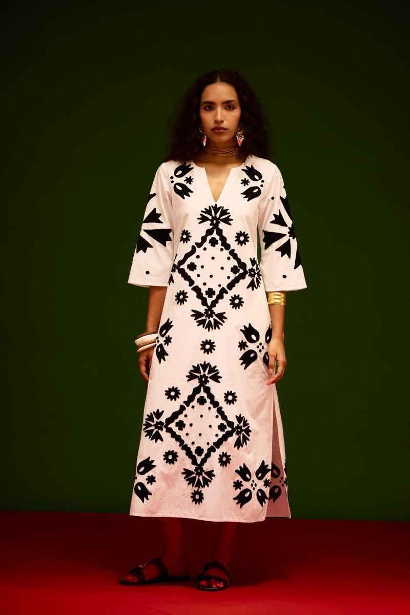 Ivory With Black Sitara Thread Embroidery Cotton Maxi Dress poplin by Indian Summer Story in ivory color for women Worldwide