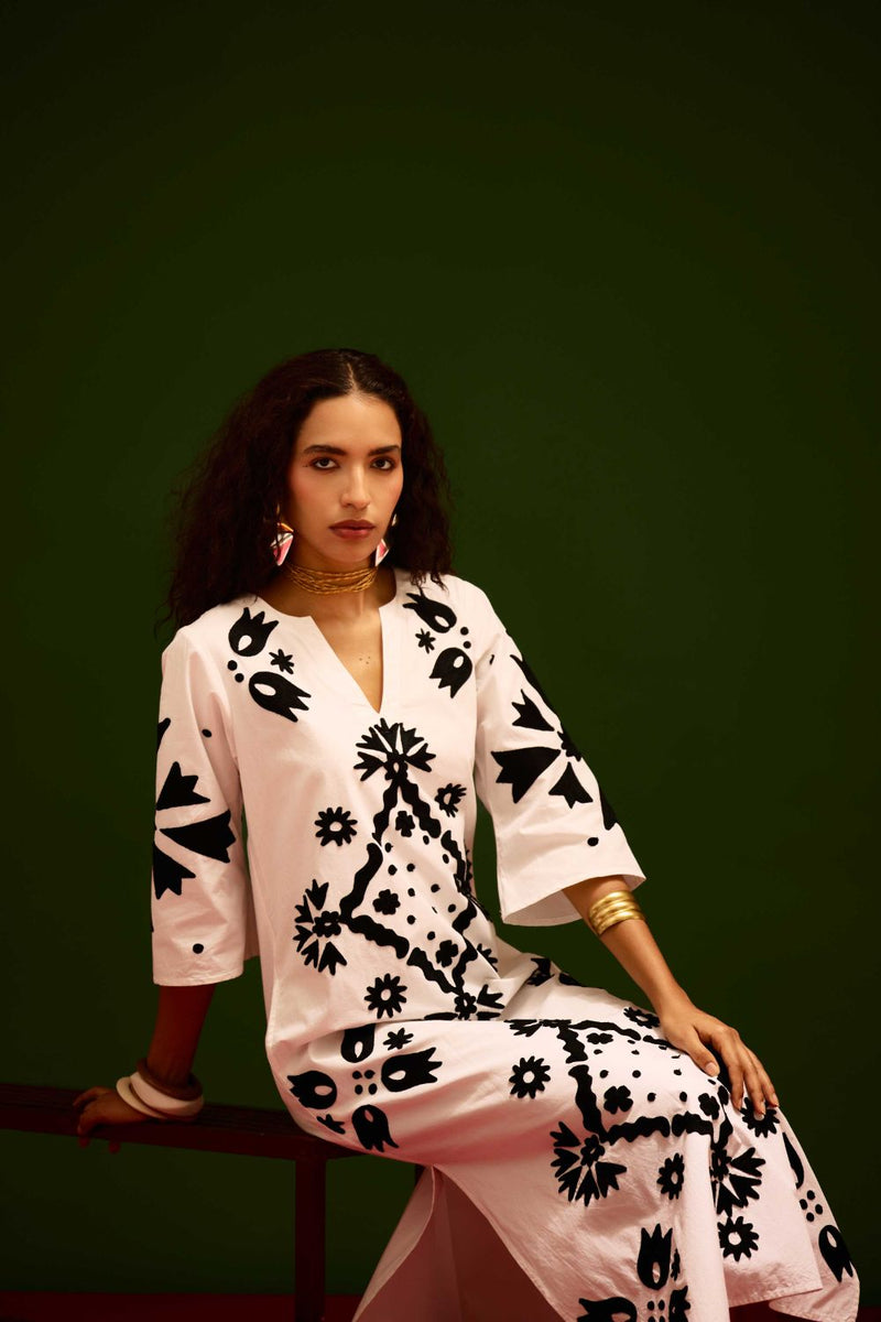 Ivory With Black Sitara Thread Embroidery Cotton Maxi Dress poplin by Indian Summer Story in ivory color for women Worldwide