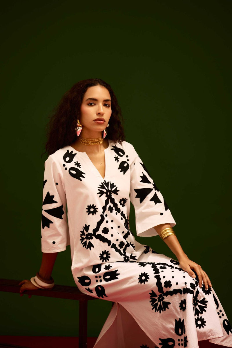 Ivory With Black Sitara Thread Embroidery Cotton Maxi Dress poplin by Indian Summer Story in ivory color for women Worldwide