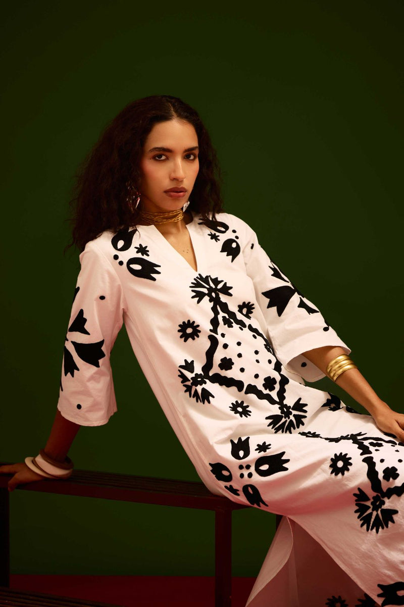 Ivory With Black Sitara Thread Embroidery Cotton Maxi Dress poplin by Indian Summer Story in ivory color for women Worldwide