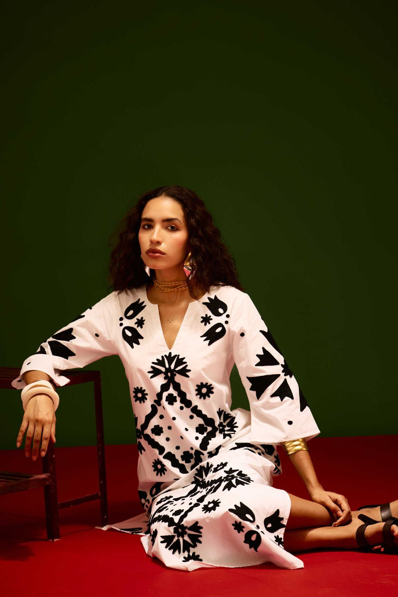 Ivory With Black Sitara Thread Embroidery Cotton Maxi Dress poplin by Indian Summer Story in ivory color for women Worldwide