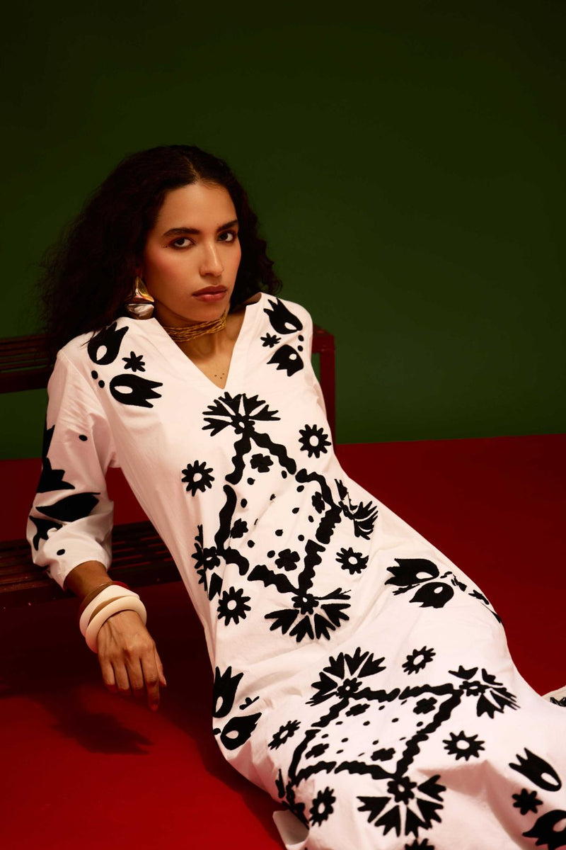 Ivory With Black Sitara Thread Embroidery Cotton Maxi Dress poplin by Indian Summer Story in ivory color for women Worldwide