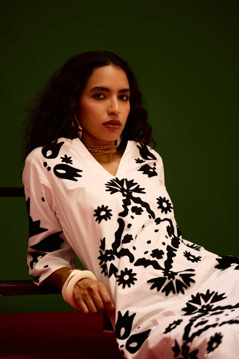 Ivory With Black Sitara Thread Embroidery Cotton Maxi Dress poplin by Indian Summer Story in ivory color for women Worldwide
