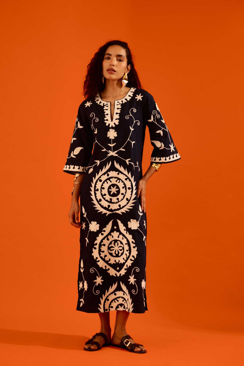 Midnight Cotton Maxi Dress With Ivory Wave Thread Embroidery poplin by Indian Summer Story in blue color for women Worldwide