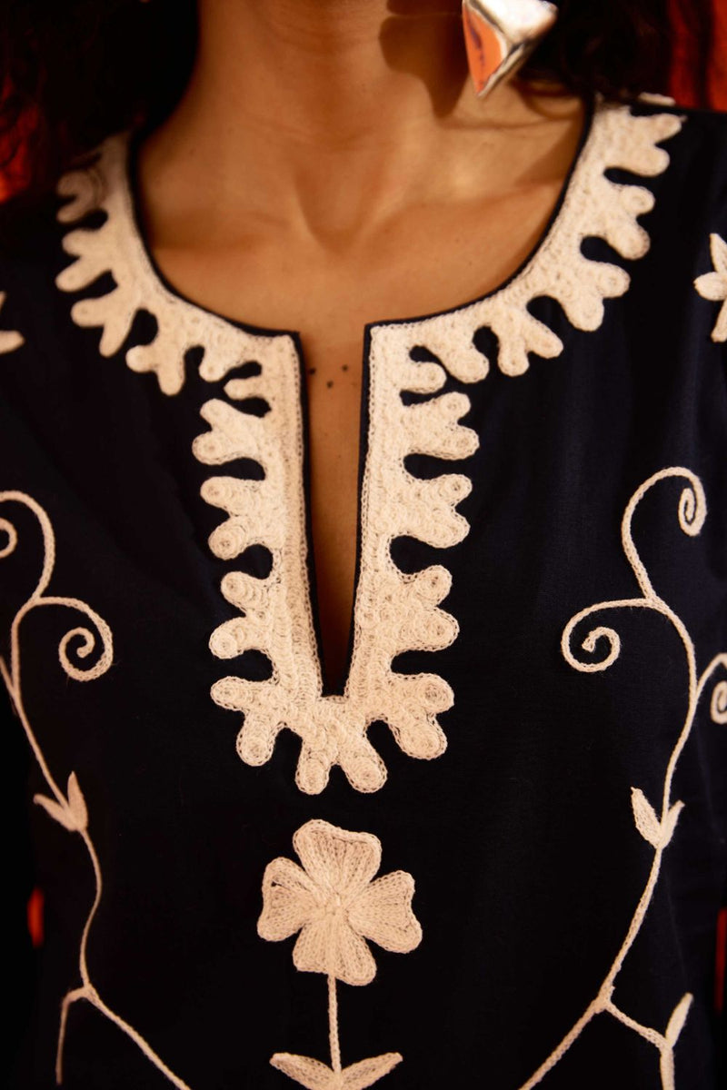 Midnight Cotton Maxi Dress With Ivory Wave Thread Embroidery poplin by Indian Summer Story in blue color for women Worldwide