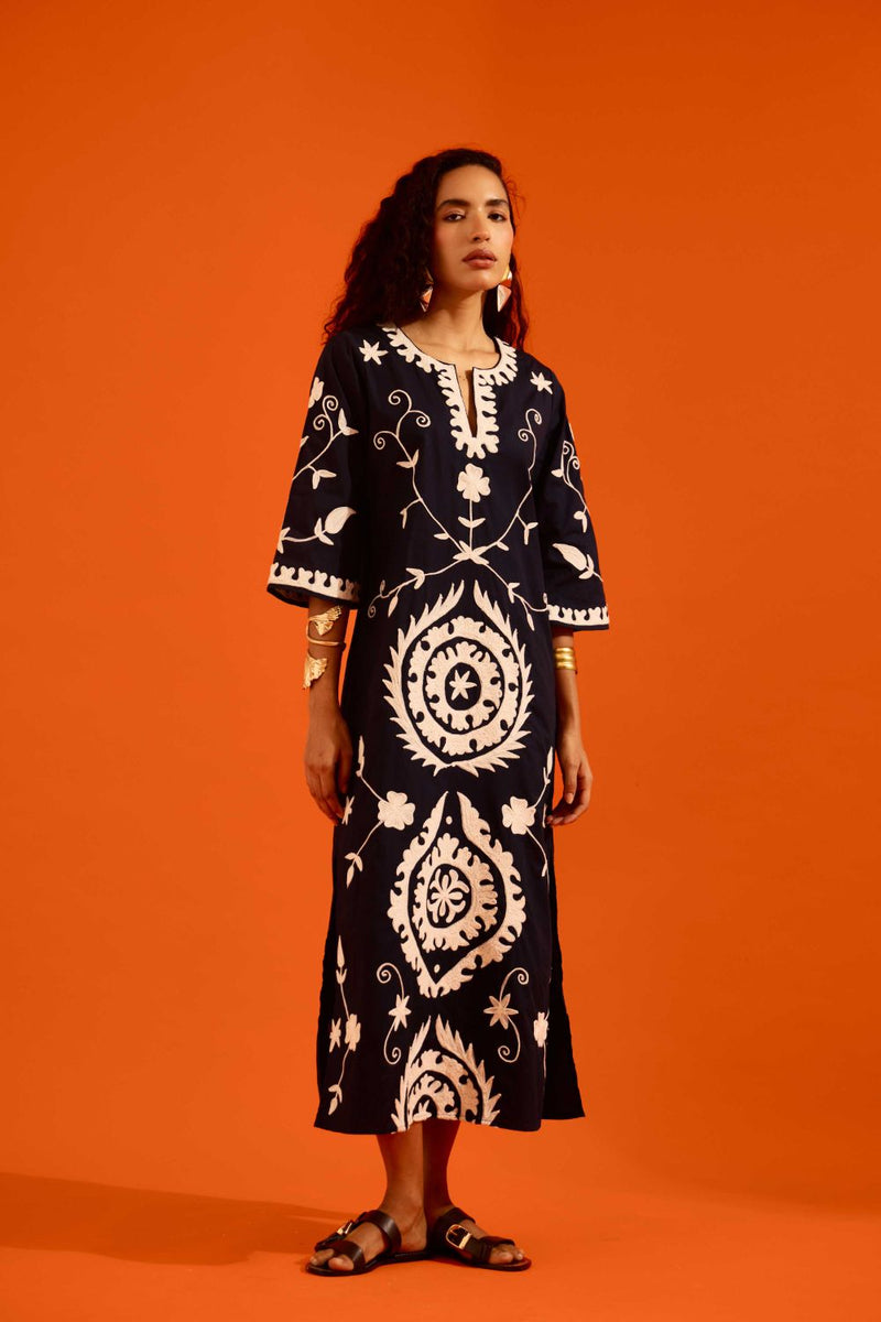 Midnight Cotton Maxi Dress With Ivory Wave Thread Embroidery poplin by Indian Summer Story in blue color for women Worldwide