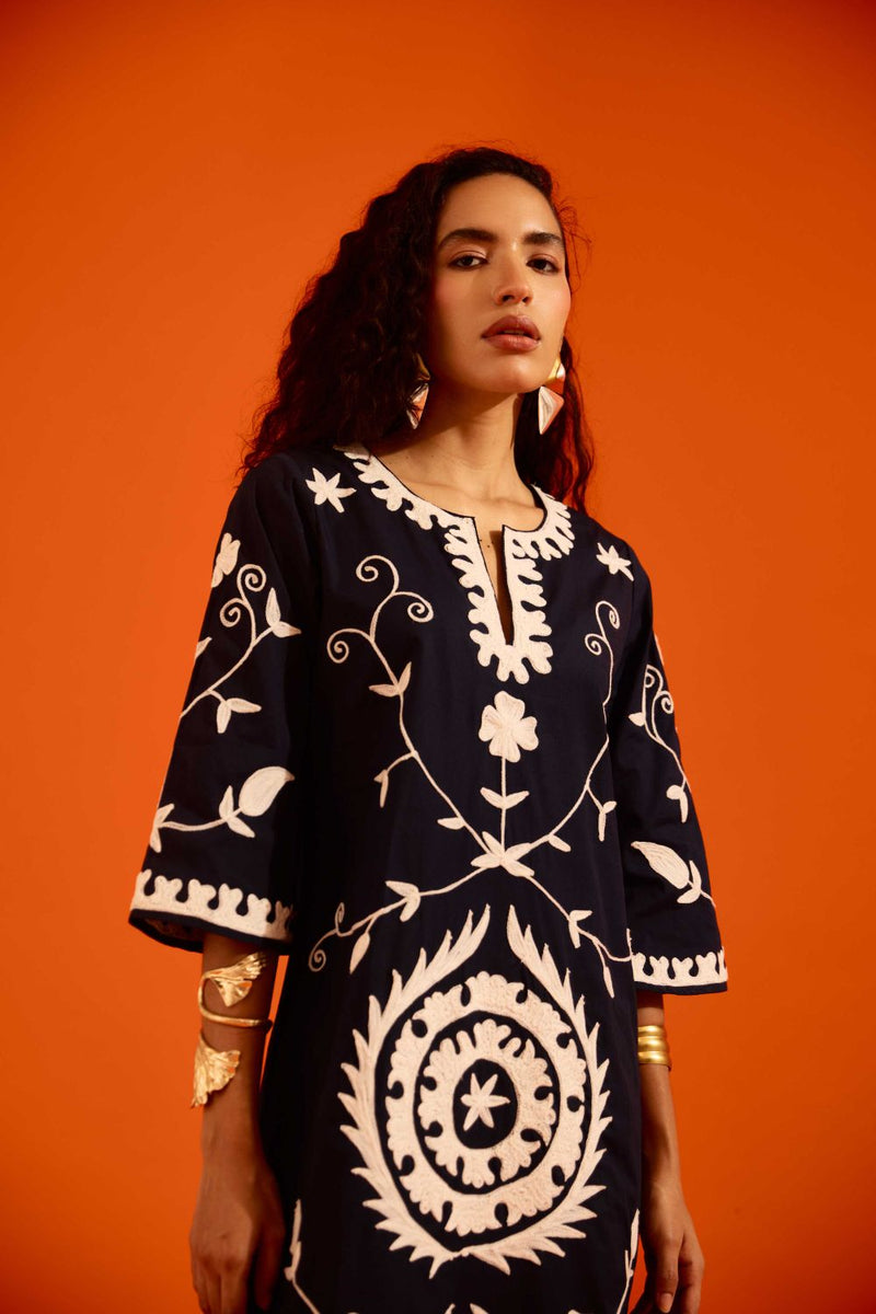 Midnight Cotton Maxi Dress With Ivory Wave Thread Embroidery poplin by Indian Summer Story in blue color for women Worldwide