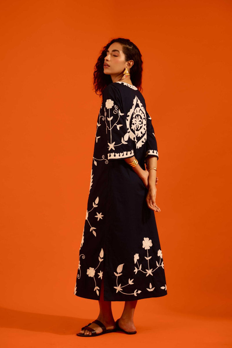 Midnight Cotton Maxi Dress With Ivory Wave Thread Embroidery poplin by Indian Summer Story in blue color for women Worldwide