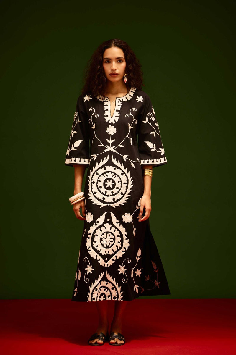 Black Cotton Maxi Dress With Ivory Wave Thread Embroidery poplin by Indian Summer Story in black color for women Worldwide