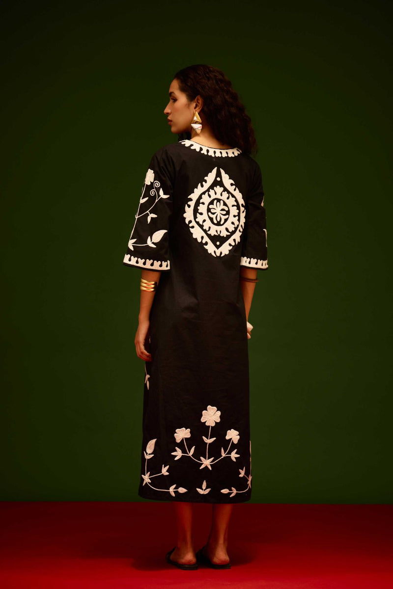 Black Cotton Maxi Dress With Ivory Wave Thread Embroidery poplin by Indian Summer Story in black color for women Worldwide