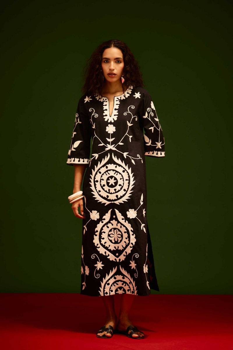 Black Cotton Maxi Dress With Ivory Wave Thread Embroidery poplin by Indian Summer Story in black color for women Worldwide