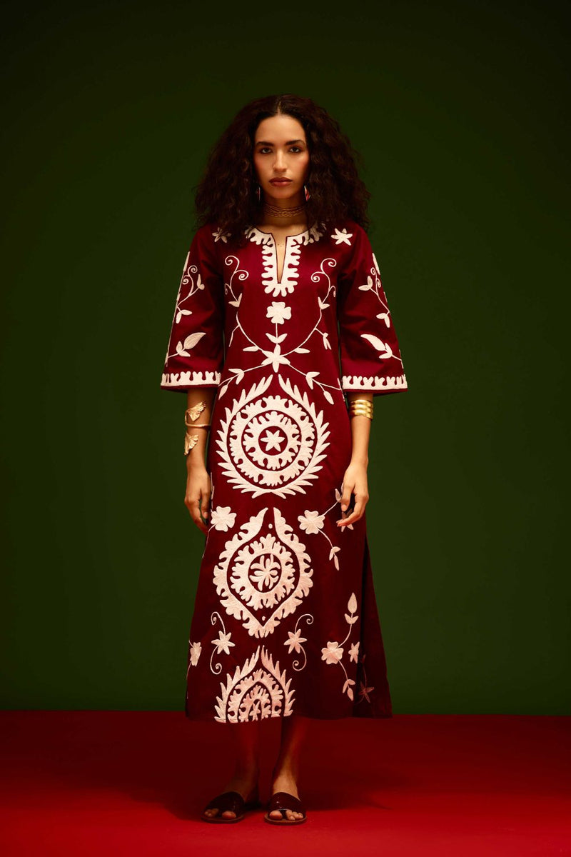 Burgundy Wine Cotton Maxi Dress With Ivory Wave Thread Embroidery poplin by Indian Summer Story for women Worldwide