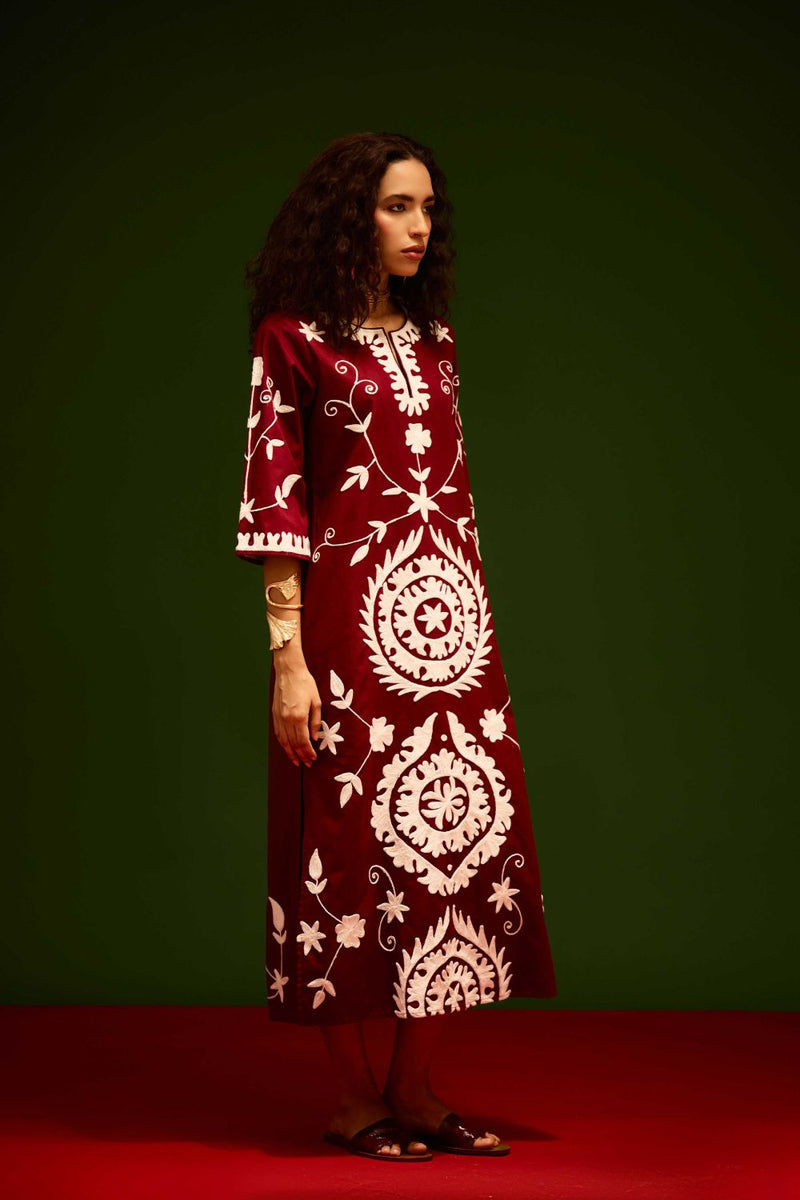 Burgundy Wine Cotton Maxi Dress With Ivory Wave Thread Embroidery poplin by Indian Summer Story for women Worldwide