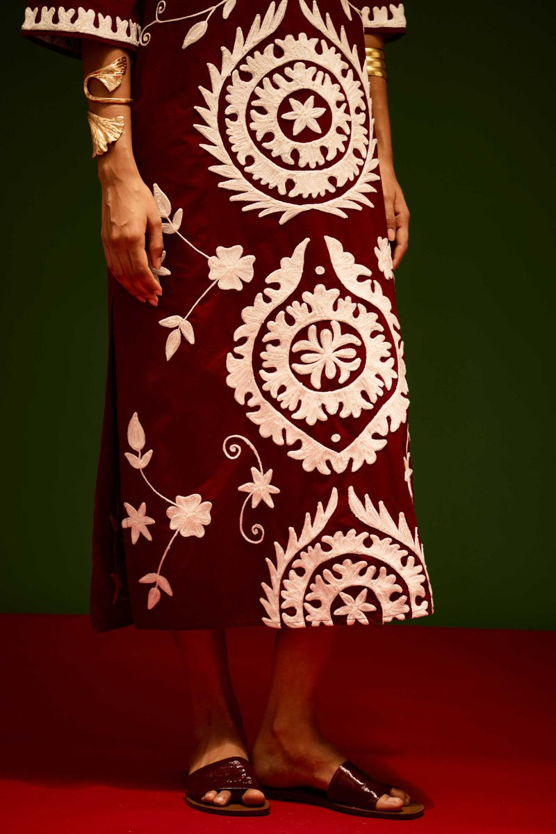 Burgundy Wine Cotton Maxi Dress With Ivory Wave Thread Embroidery poplin by Indian Summer Story for women Worldwide