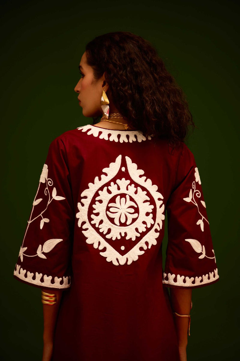 Burgundy Wine Cotton Maxi Dress With Ivory Wave Thread Embroidery poplin by Indian Summer Story for women Worldwide