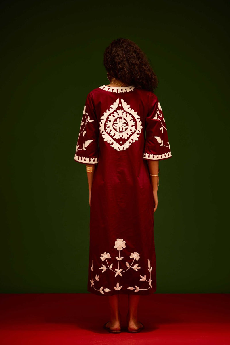Burgundy Wine Cotton Maxi Dress With Ivory Wave Thread Embroidery poplin by Indian Summer Story for women Worldwide