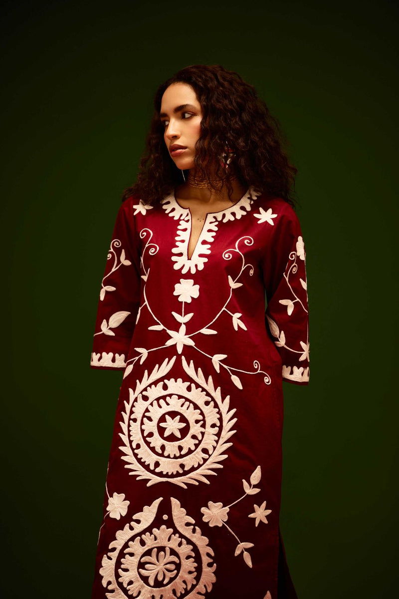 Burgundy Wine Cotton Maxi Dress With Ivory Wave Thread Embroidery poplin by Indian Summer Story for women Worldwide