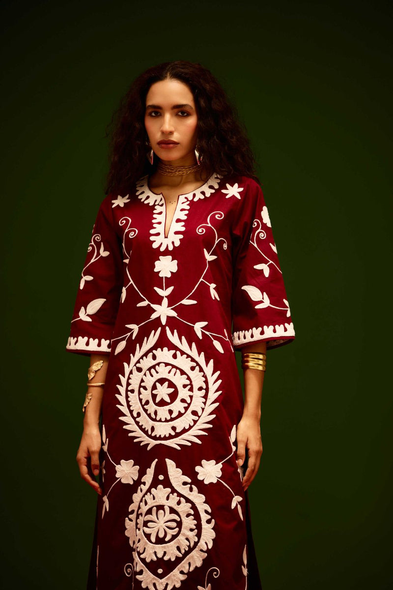 Burgundy Wine Cotton Maxi Dress With Ivory Wave Thread Embroidery poplin by Indian Summer Story for women Worldwide
