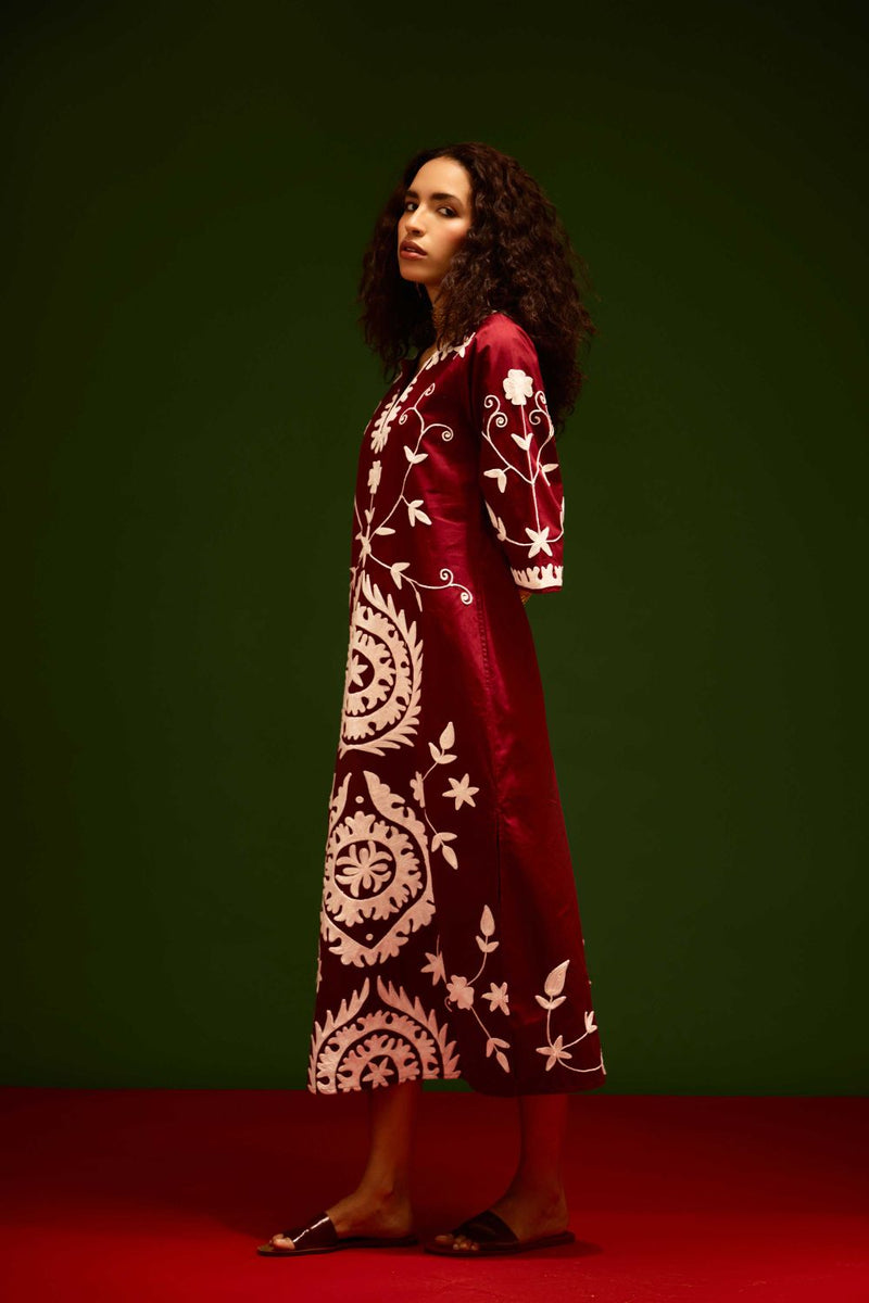 Burgundy Wine Cotton Maxi Dress With Ivory Wave Thread Embroidery poplin by Indian Summer Story for women Worldwide