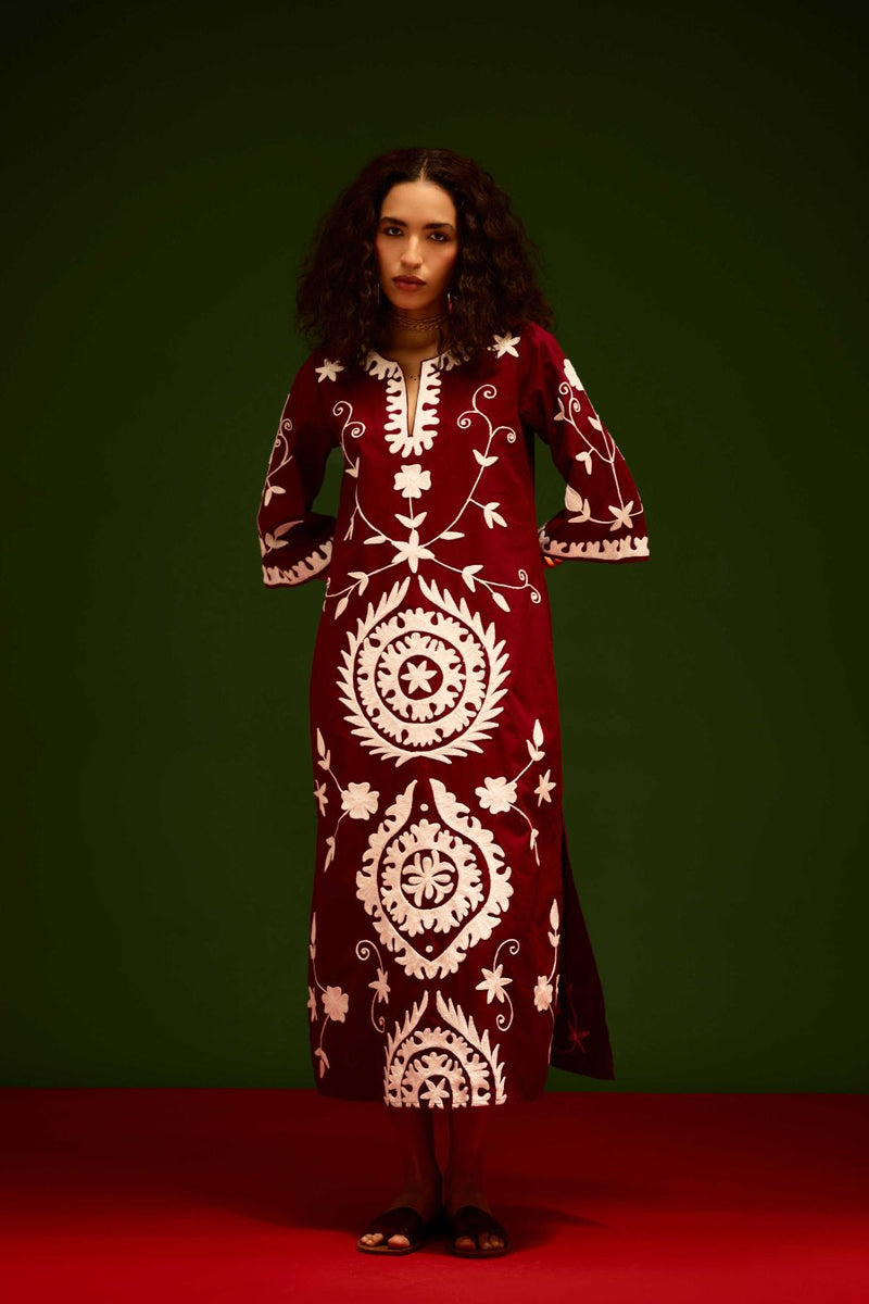 Burgundy Wine Cotton Maxi Dress With Ivory Wave Thread Embroidery poplin by Indian Summer Story for women Worldwide