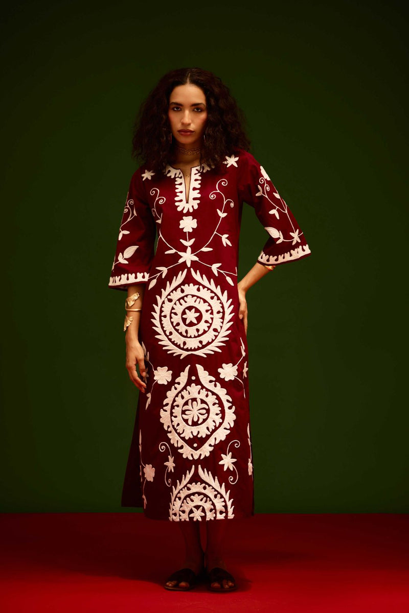 Burgundy Wine Cotton Maxi Dress With Ivory Wave Thread Embroidery poplin by Indian Summer Story for women Worldwide