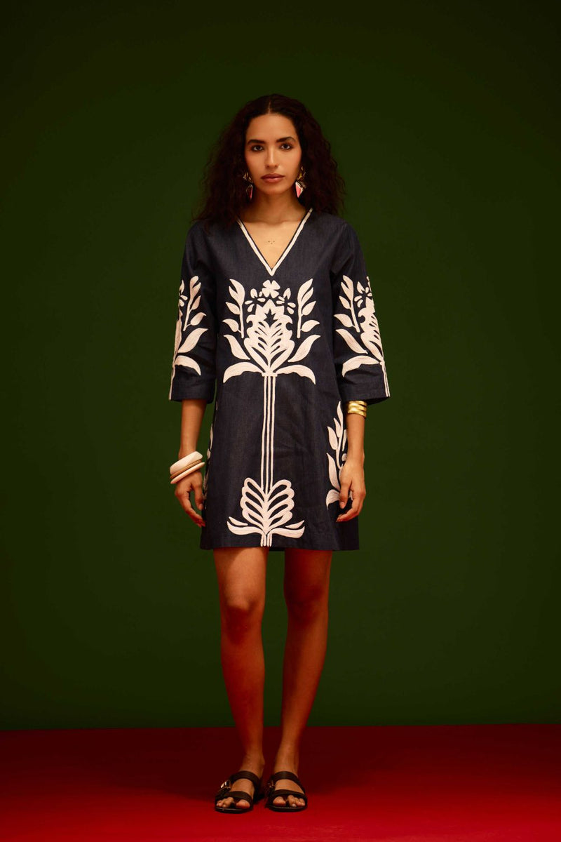 Blue Denim Shift Dress With Ivory Tulip Thread Embroidery by Indian Summer Story in blue color for women Worldwide
