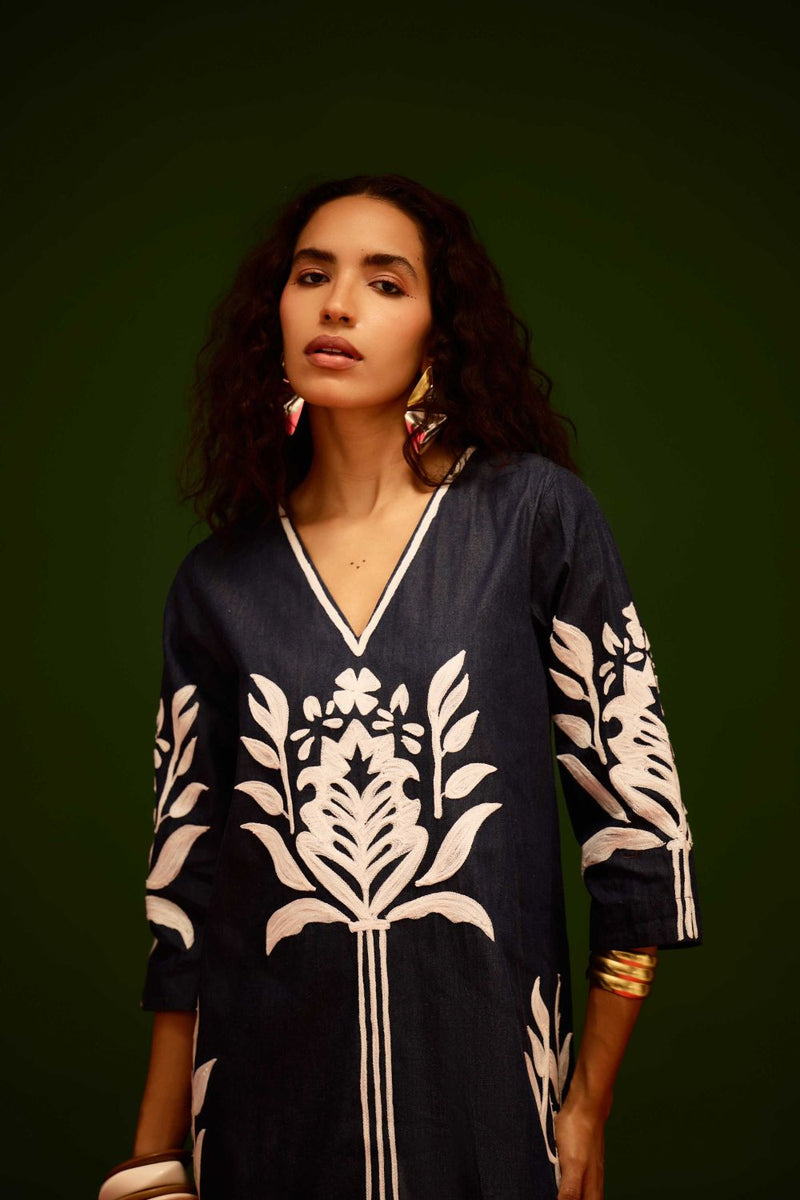 Blue Denim Shift Dress With Ivory Tulip Thread Embroidery by Indian Summer Story in blue color for women Worldwide