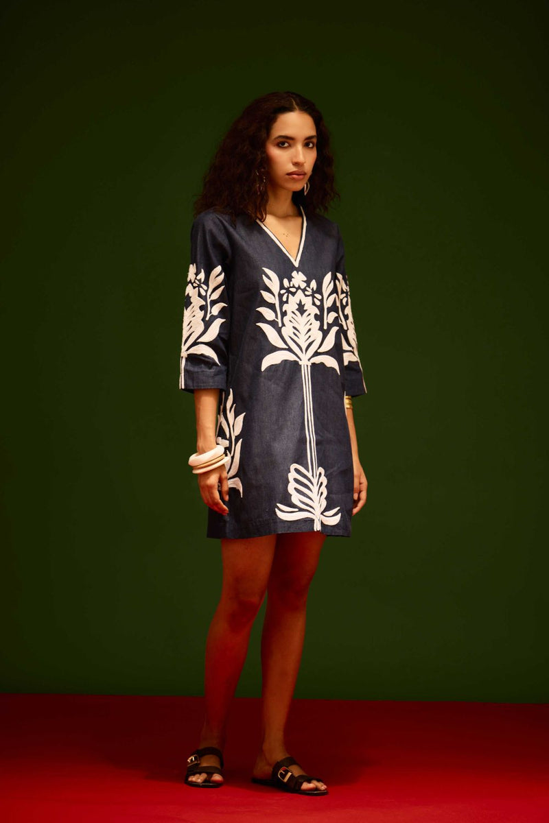 Blue Denim Shift Dress With Ivory Tulip Thread Embroidery by Indian Summer Story in blue color for women Worldwide