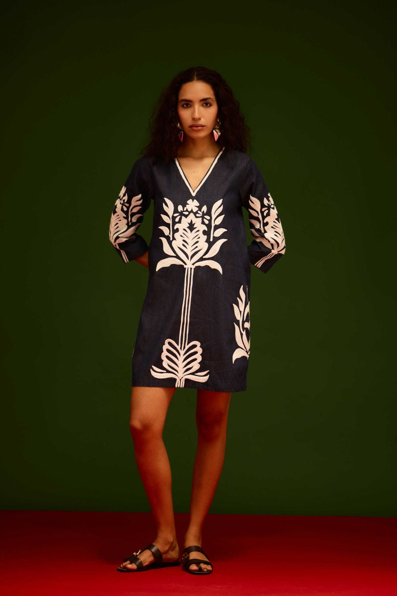 Blue Denim Shift Dress With Ivory Tulip Thread Embroidery by Indian Summer Story in blue color for women Worldwide