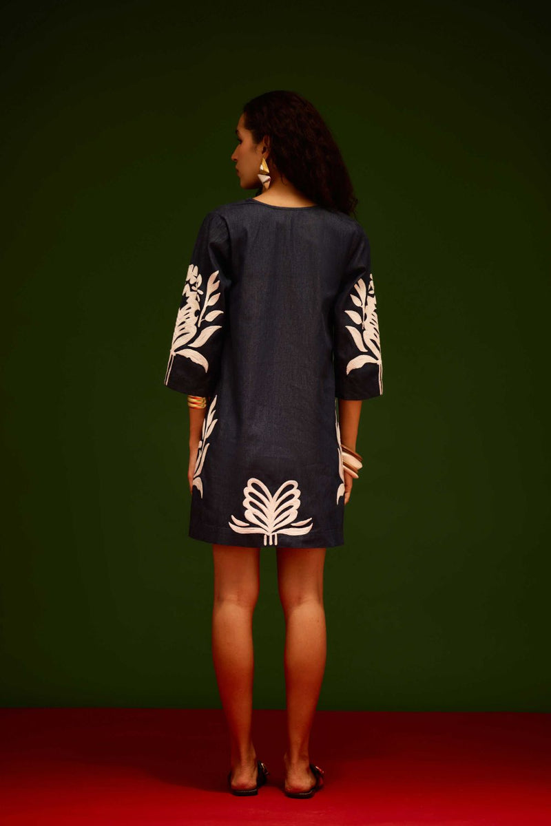Blue Denim Shift Dress With Ivory Tulip Thread Embroidery by Indian Summer Story in blue color for women Worldwide