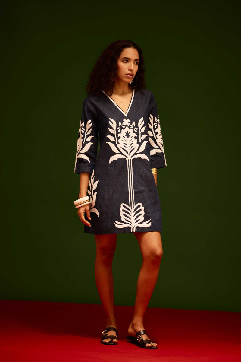 Blue Denim Shift Dress With Ivory Tulip Thread Embroidery by Indian Summer Story in blue color for women Worldwide