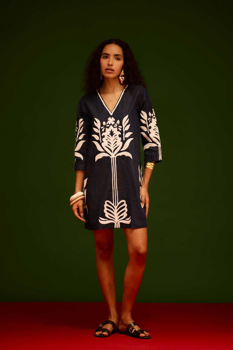 Blue Denim Shift Dress With Ivory Tulip Thread Embroidery by Indian Summer Story in blue color for women Worldwide