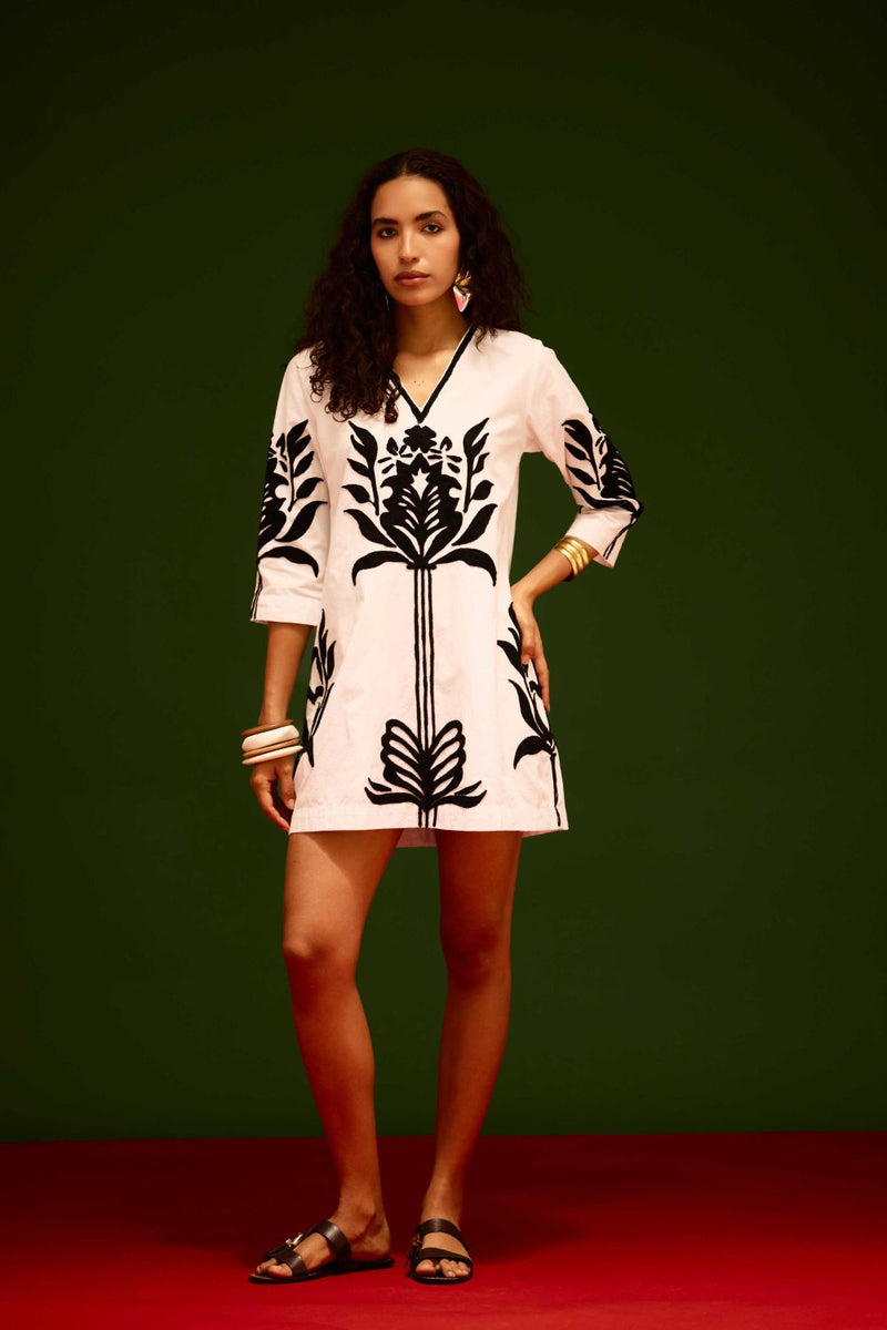 Ivory Cotton Shift Dress With Black Tulip Thread Embroidery poplin by Indian Summer Story in ivory color for women Worldwide
