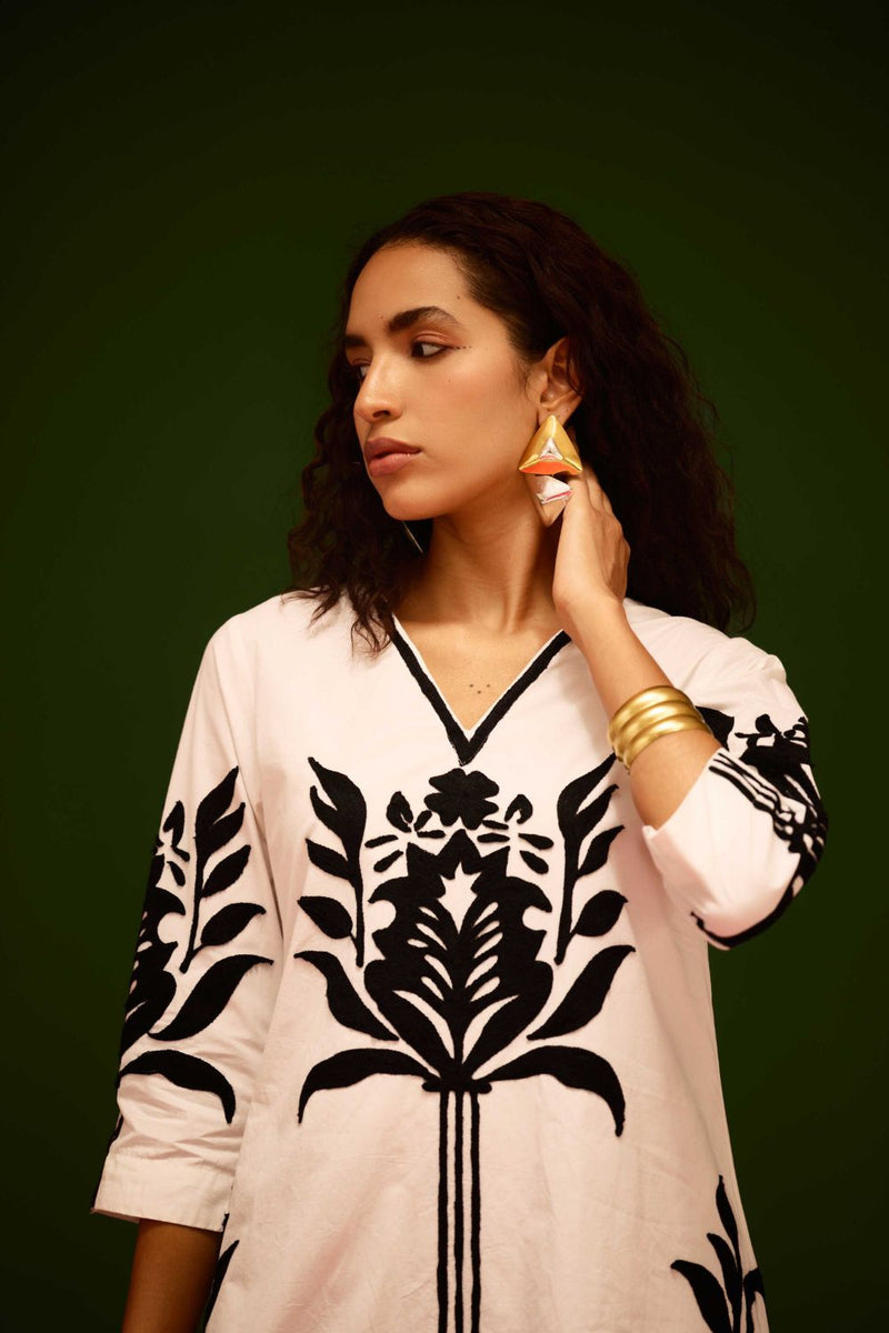 Ivory Cotton Shift Dress With Black Tulip Thread Embroidery poplin by Indian Summer Story in ivory color for women Worldwide