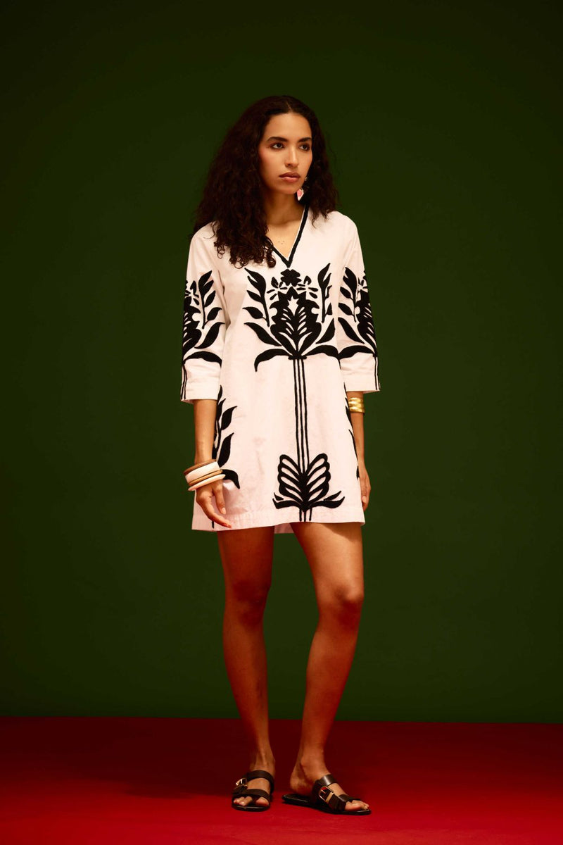 Ivory Cotton Shift Dress With Black Tulip Thread Embroidery poplin by Indian Summer Story in ivory color for women Worldwide