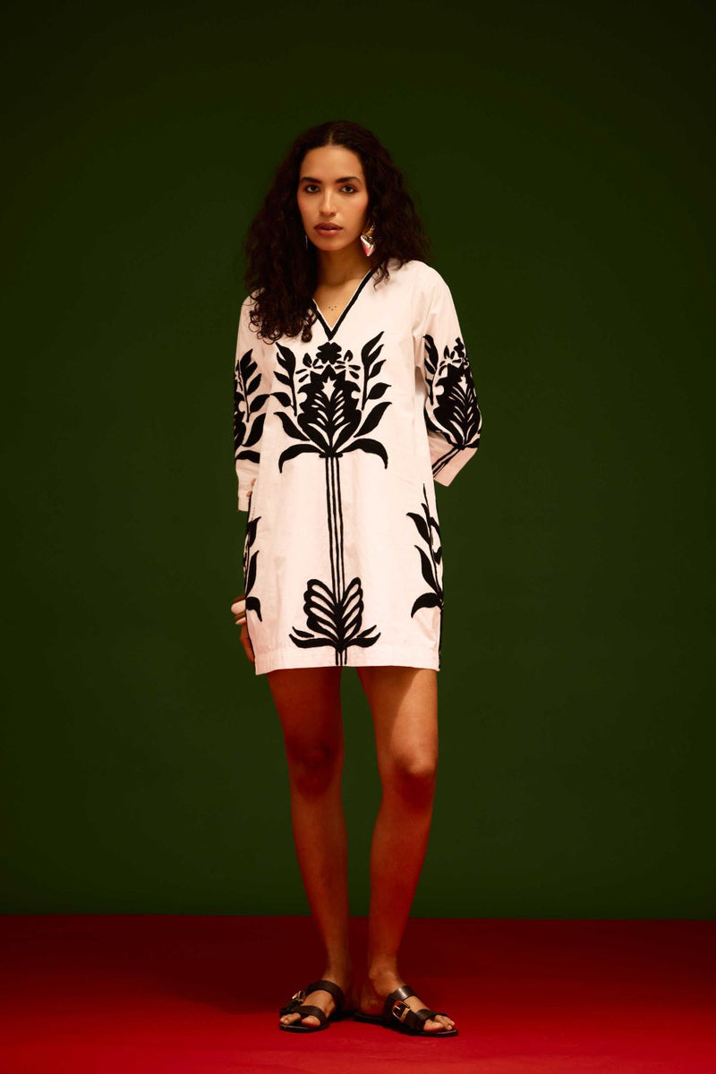 Ivory Cotton Shift Dress With Black Tulip Thread Embroidery poplin by Indian Summer Story in ivory color for women Worldwide
