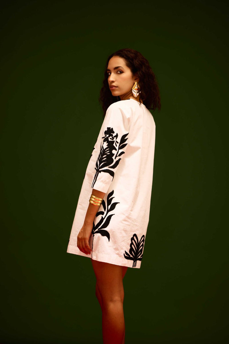 Ivory Cotton Shift Dress With Black Tulip Thread Embroidery poplin by Indian Summer Story in ivory color for women Worldwide