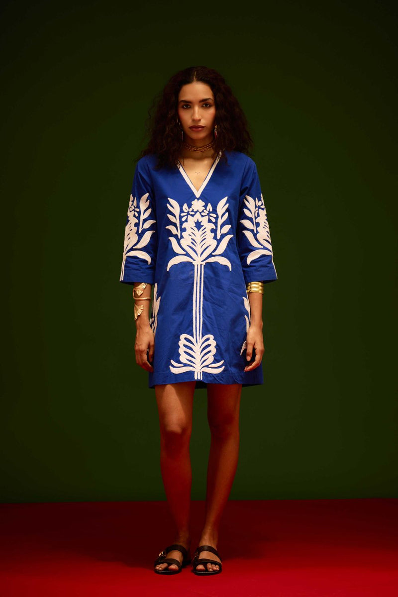 Blue Cotton Shift Dress With Ivory Tulip Thread Embroidery poplin by Indian Summer Story in blue color for women Worldwide
