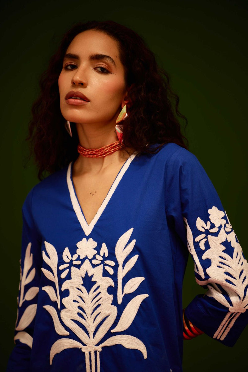 Blue Cotton Shift Dress With Ivory Tulip Thread Embroidery poplin by Indian Summer Story in blue color for women Worldwide
