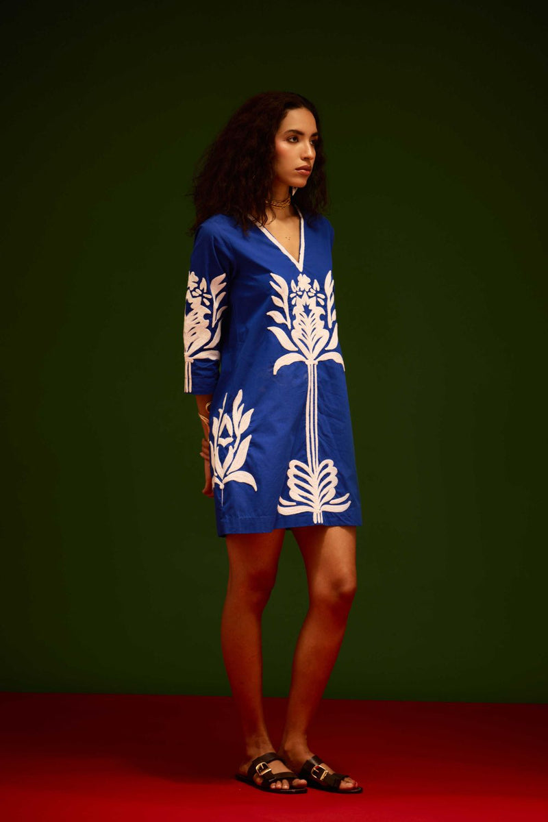 Blue Cotton Shift Dress With Ivory Tulip Thread Embroidery poplin by Indian Summer Story in blue color for women Worldwide