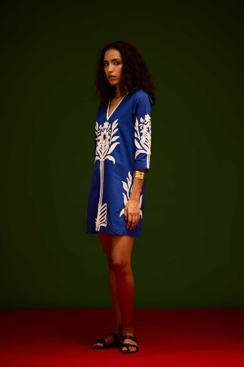 Blue Cotton Shift Dress With Ivory Tulip Thread Embroidery poplin by Indian Summer Story in blue color for women Worldwide