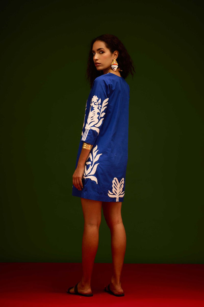 Blue Cotton Shift Dress With Ivory Tulip Thread Embroidery poplin by Indian Summer Story in blue color for women Worldwide