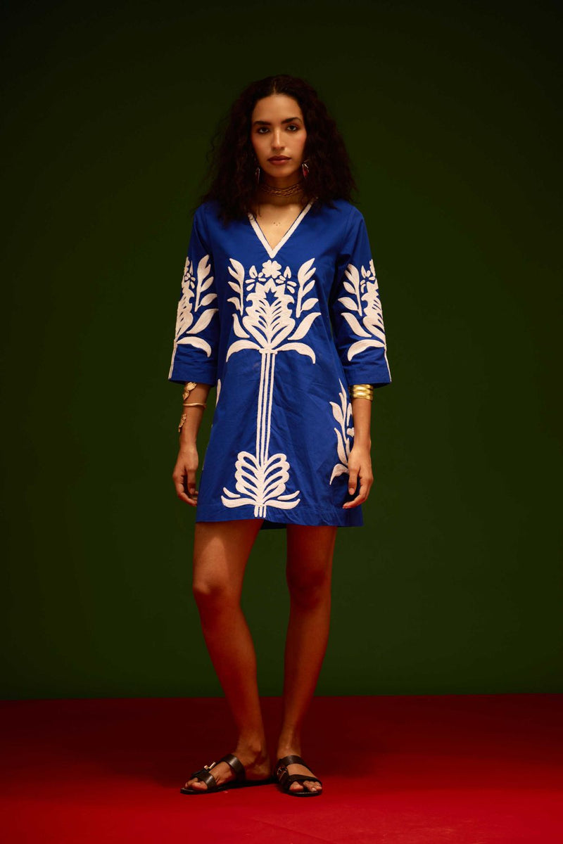 Blue Cotton Shift Dress With Ivory Tulip Thread Embroidery poplin by Indian Summer Story in blue color for women Worldwide